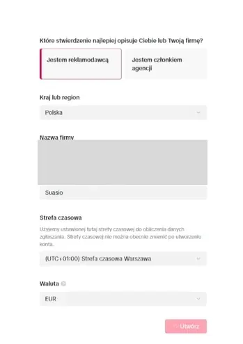 Formularz danych firmy TikTok z zamazaną nazwą firmy.