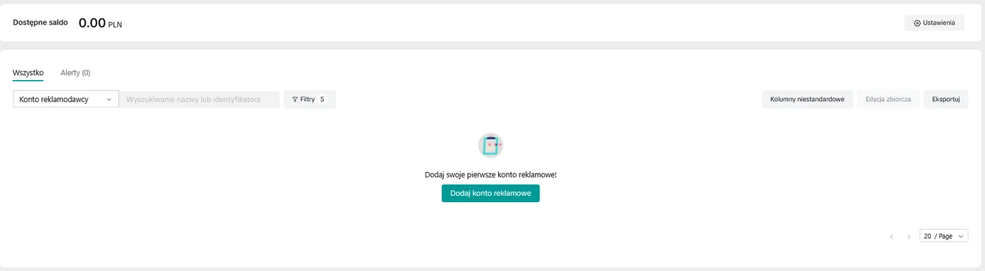 Sekcja finansów TikTok z opcją dodania konta reklamowego.