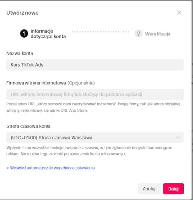 Formularz informacji o koncie reklamowym TikTok.