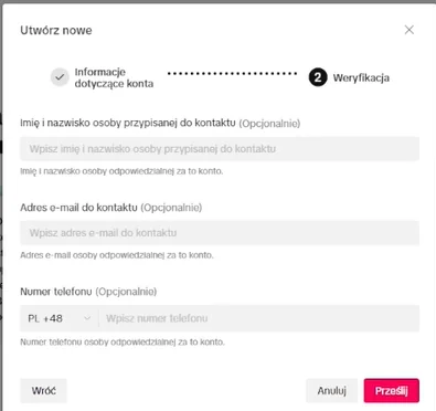 Formularz kontaktu dla konta reklamowego TikTok.