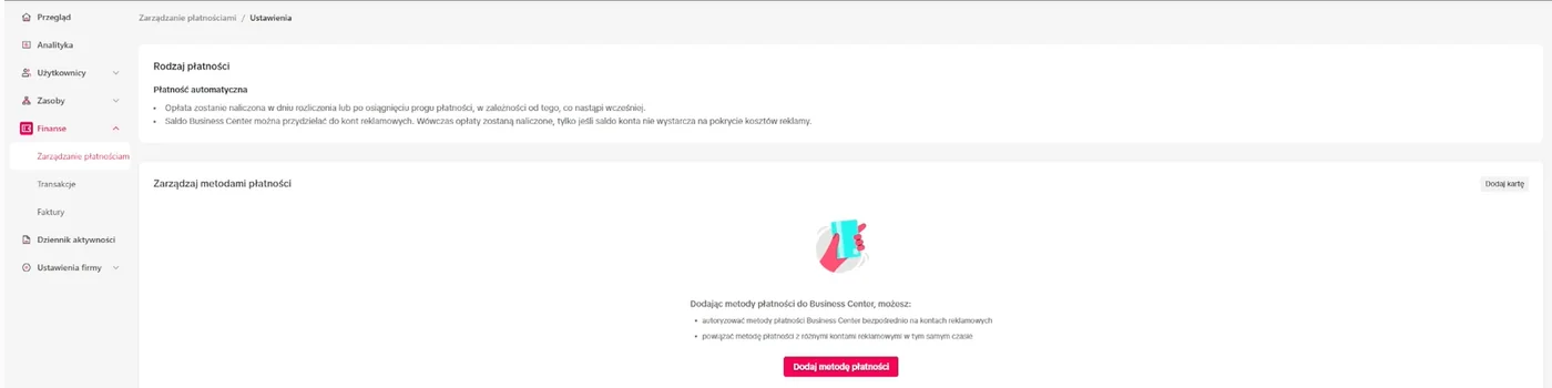 Sekcja metod płatności konta reklamowego TikTok.