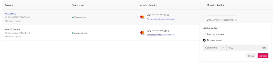 Lista kont reklamowych TikTok.