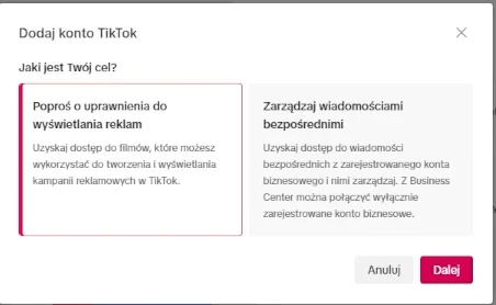Okno dodawania konta TikTok z opcją prośby o dostęp.
