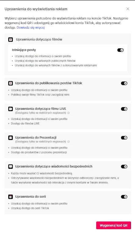 Okno uprawnień do wyświetlania reklam TikTok.