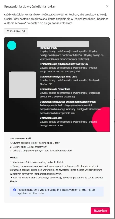 Ekran autoryzacji TikTok z zamazanym kodem QR i nazwą konta.