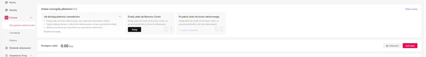 Sekcja rozliczeń TikTok Business Center.