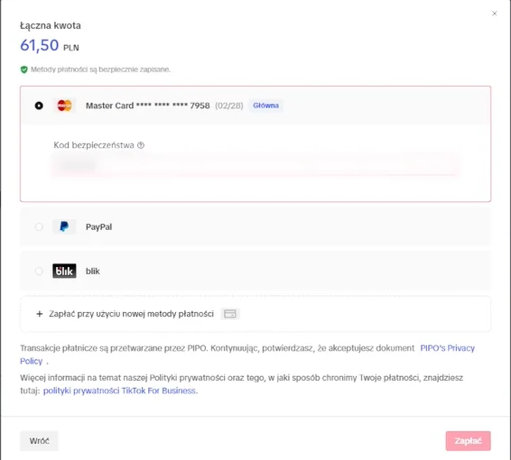 Formularz płatności ręcznej TikTok.