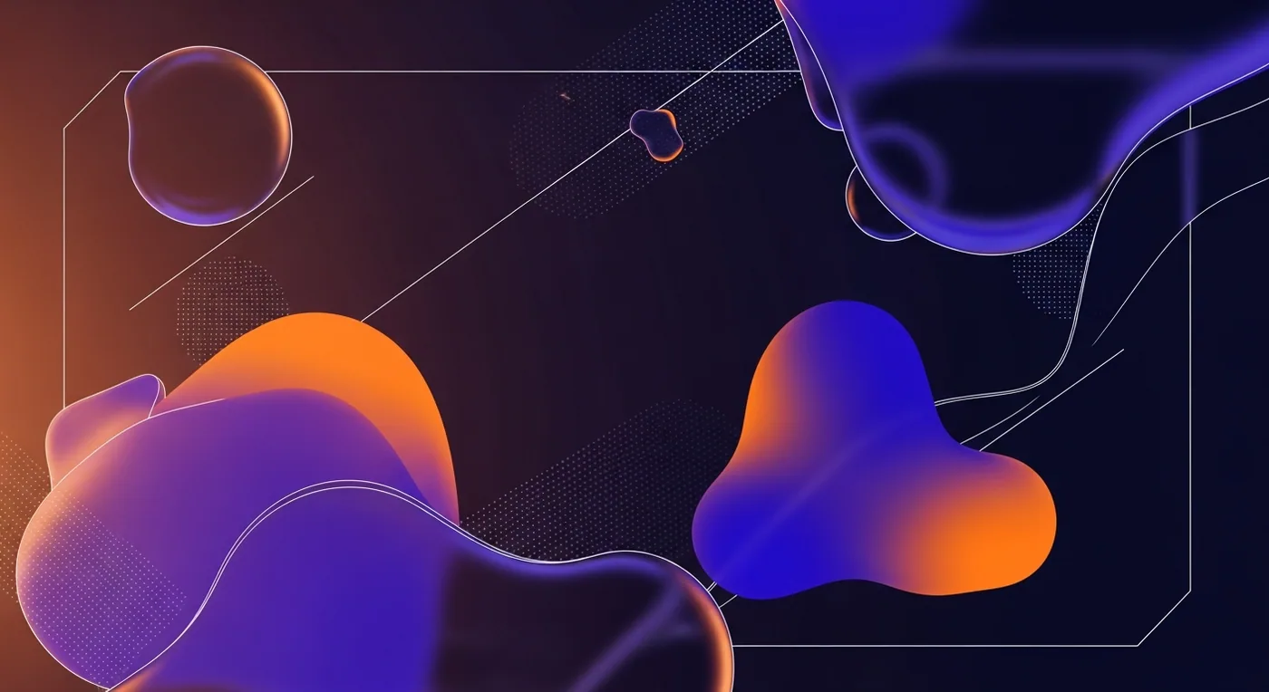 Anti-polish — autentyczność zamiast gładkości UI Ilustracja 3D z surowymi, szkicowymi krawędziami i nieregularną siatką w granacie i pomarańczu.