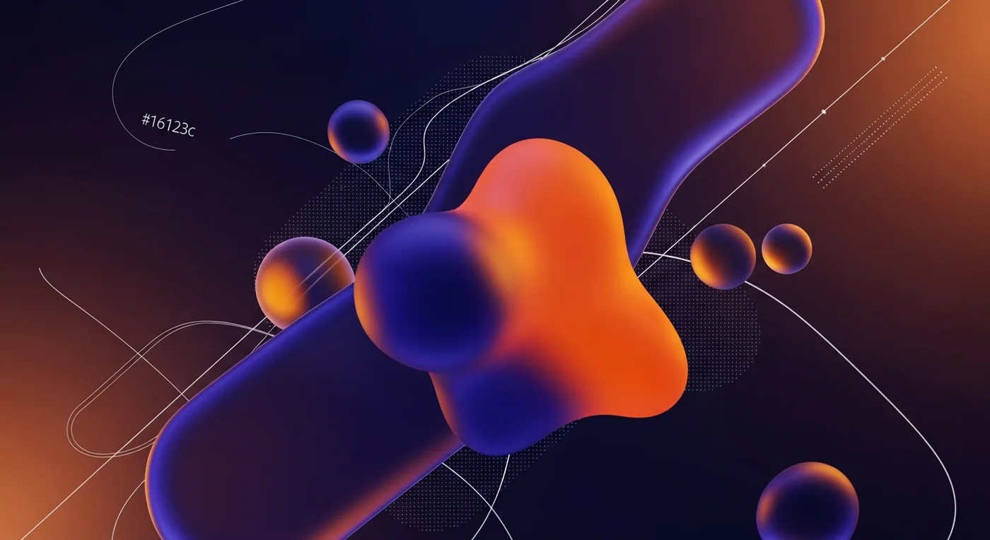 Design prowadzony emocją i czynnik ludzki Ilustracja 3D z miękkimi, organicznymi formami w ciepłych barwach pomarańczu i błękitu.