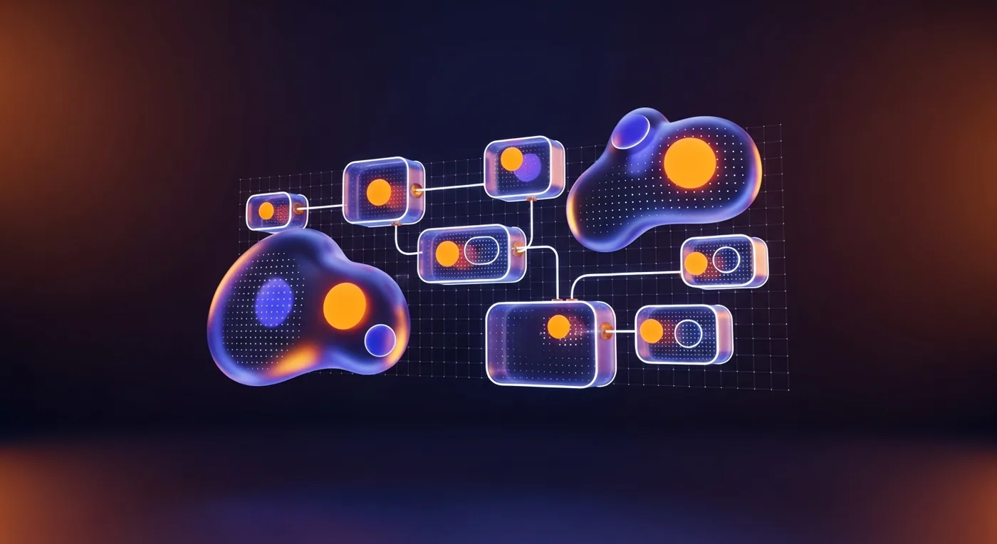 Node-based — projektowanie workflow AI w węzłach Ilustracja 3D z połączonymi blokami i węzłami w kolorach granatu, pomarańczu i błękitu.