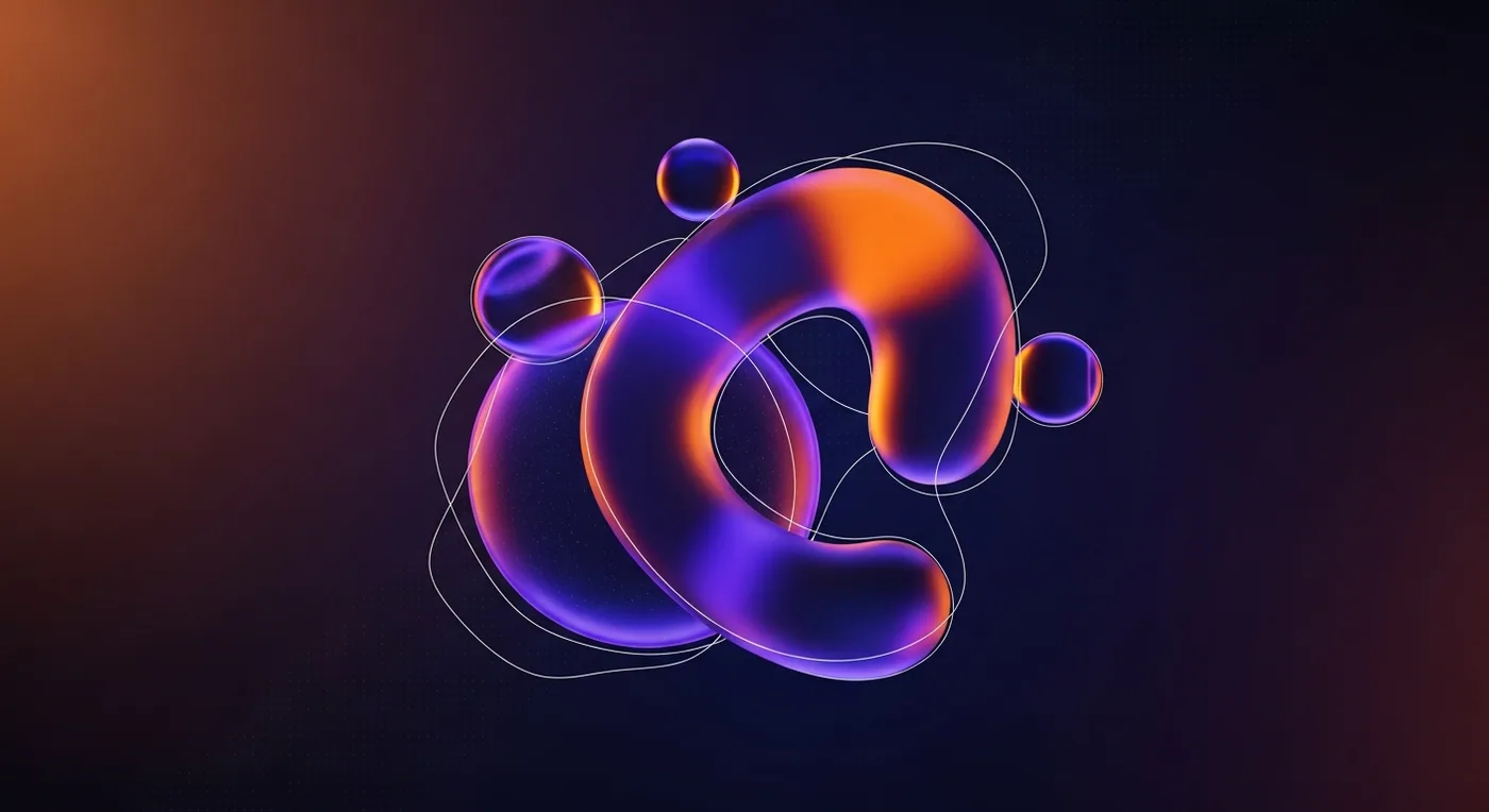 Humanizowana, niedoskonała typografia Ilustracja 3D z organicznymi, ręcznie rysowanymi wstęgami w pomarańczu i błękicie.