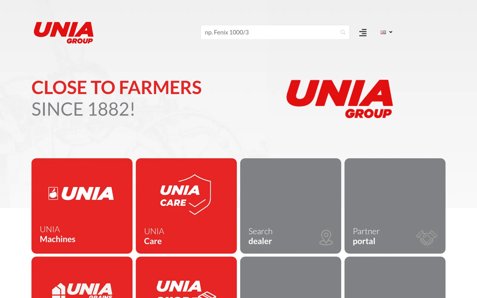 AW project: UNIA Group Strona główna serwisu UNIA Group z hasłem o bliskości z rolnikami od 1882 roku i kafelkami oferty.