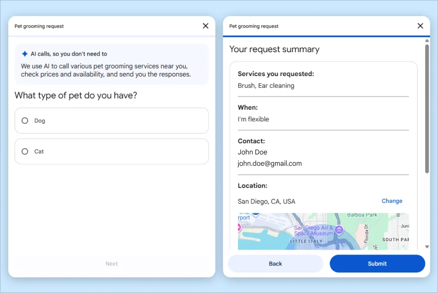 AI dzwoni do firm w Google Search Ekran wyszukiwarki Google z funkcją AI dzwoniącą do lokalnych firm w imieniu klienta — podsumowanie zapytania o usługę