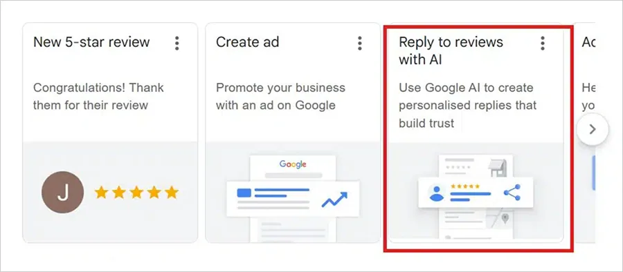Odpowiedzi na opinie z AI w wizytówce Google Panel wizytówki Google z kartą odpowiadania na opinie z pomocą AI (Reply to reviews with AI)